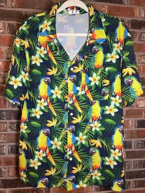 Men's Silky Tropical Parrot Print Short Sleeve Shirt